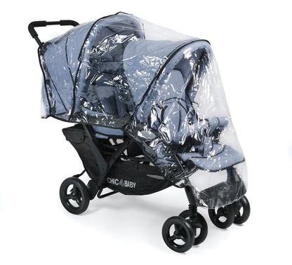 CHIC 4 BABY - Geschwisterwagen DUO mit Tragetasche und Regenschutz, Geschwisterkinderwagen für zwei Kinder, Zwillingswagen, Zwillingsbuggy, Tandemkinderwagen, Tandembuggy, Kinderwagen, Jeans grau