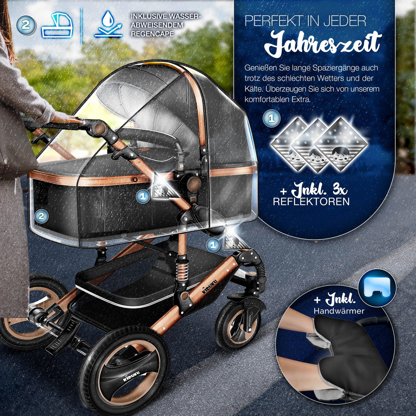 KIDUKU® 3 in 1 Kinderwagen Komplettset | Kombikinderwagen Set inkl. Babywanne & Buggy Sportsitz & Auto-Babyschale Fußsack | Vollgummireifen Wickeltasche Handwärmer Regenschutz Kindertisch ECE R129