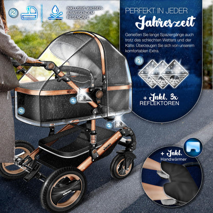 KIDUKU® 3 in 1 Kinderwagen Komplettset | Kombikinderwagen Set inkl. Babywanne & Buggy Sportsitz & Auto-Babyschale Fußsack | Vollgummireifen Wickeltasche Handwärmer Regenschutz Kindertisch ECE R129