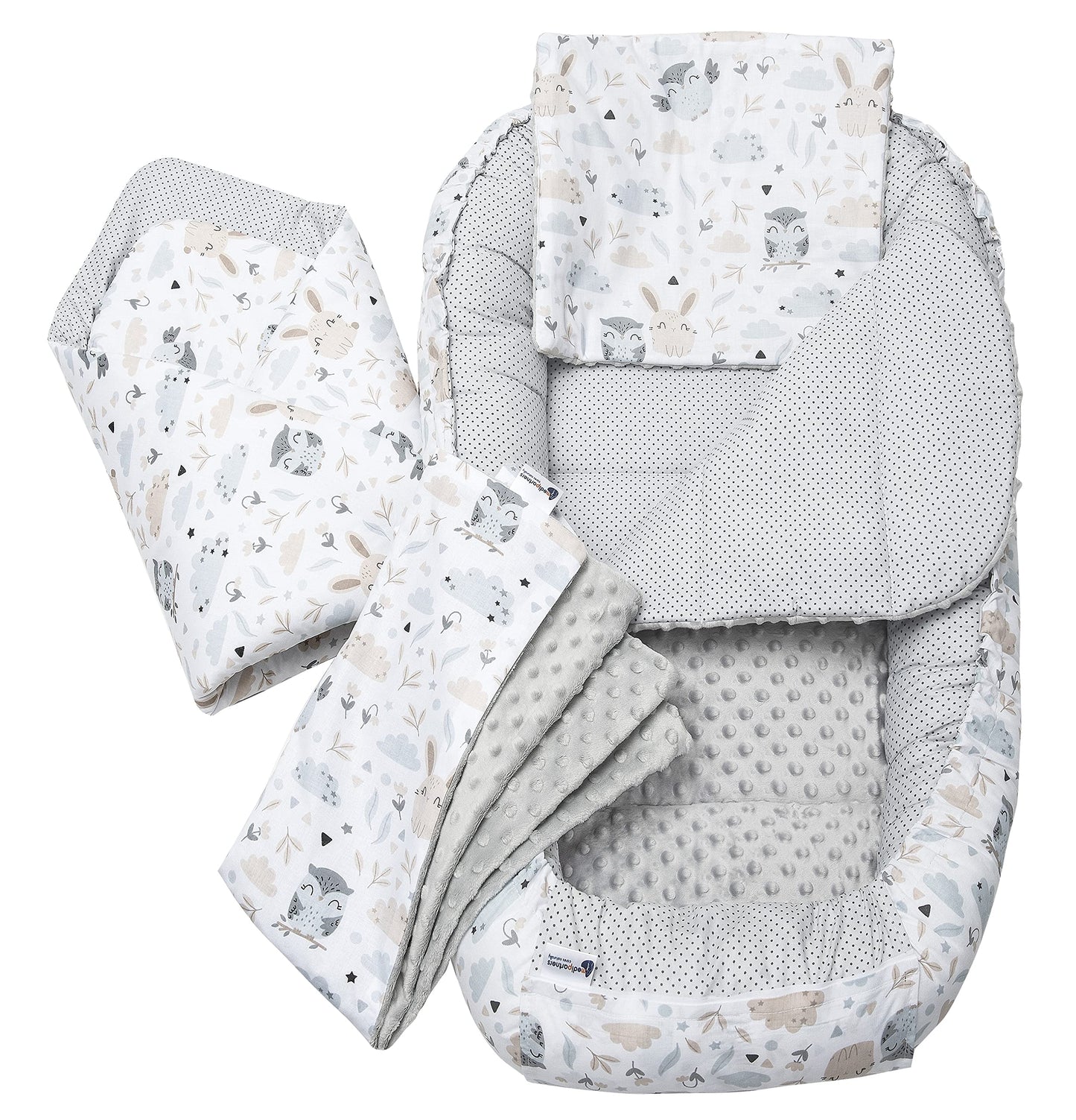 Medi Partners Babynestchen Babynest Set 100x60x15 Kuschelnest 5 teilig herausnehmbarer Einsatz Kokon Nestchen Babys Neugeborene 100% Baumwolle (REH mit Grauem Minky) - Meloni2