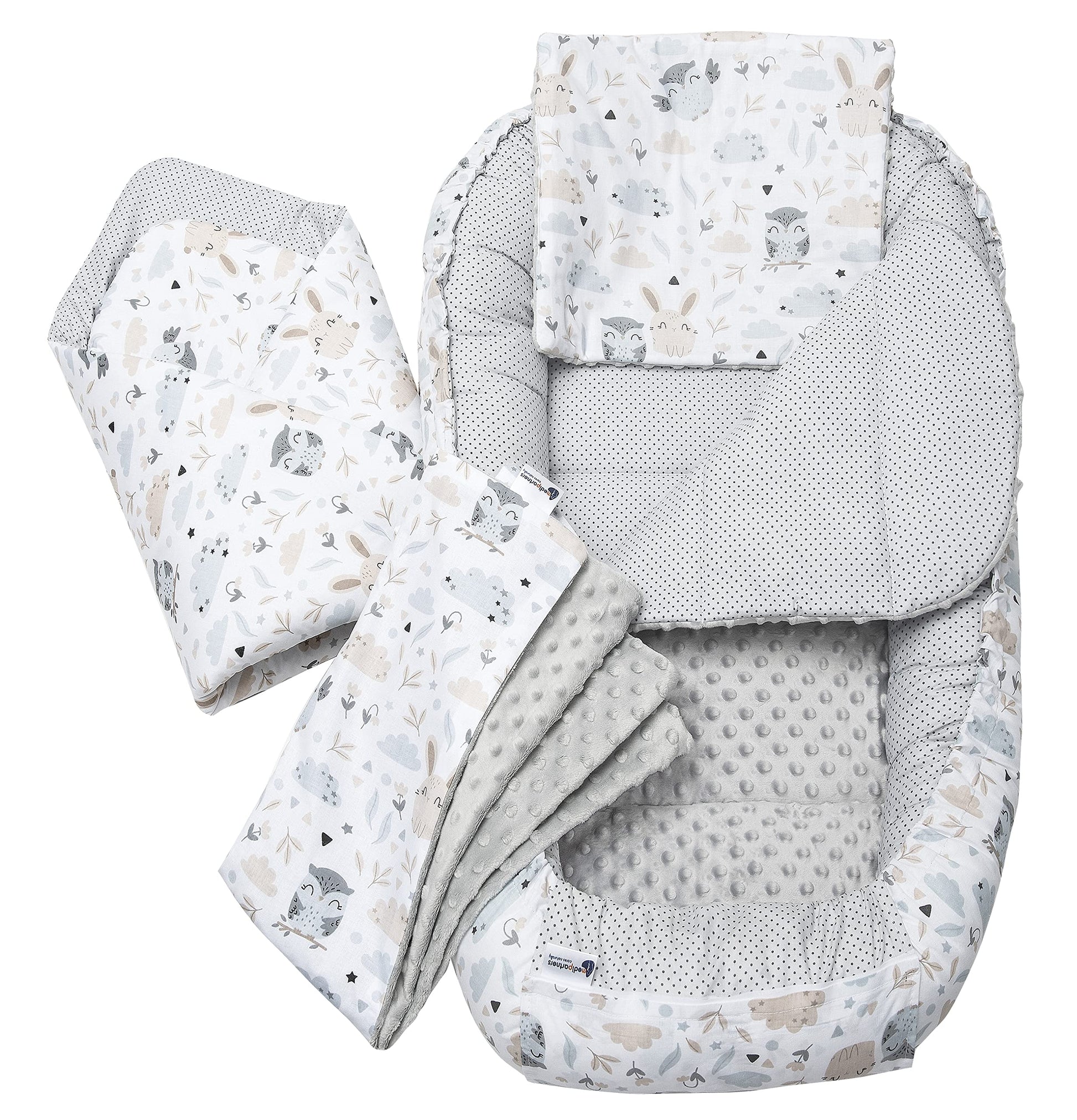 Medi Partners Babynestchen Babynest Set 100x60x15 Kuschelnest 5 teilig herausnehmbarer Einsatz Kokon Nestchen Babys Neugeborene 100% Baumwolle (REH mit Grauem Minky) - Meloni2