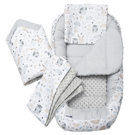 Medi Partners Babynestchen Babynest Set 100x60x15 Kuschelnest 5 teilig herausnehmbarer Einsatz Kokon Nestchen Babys Neugeborene 100% Baumwolle (REH mit Grauem Minky) - Meloni2