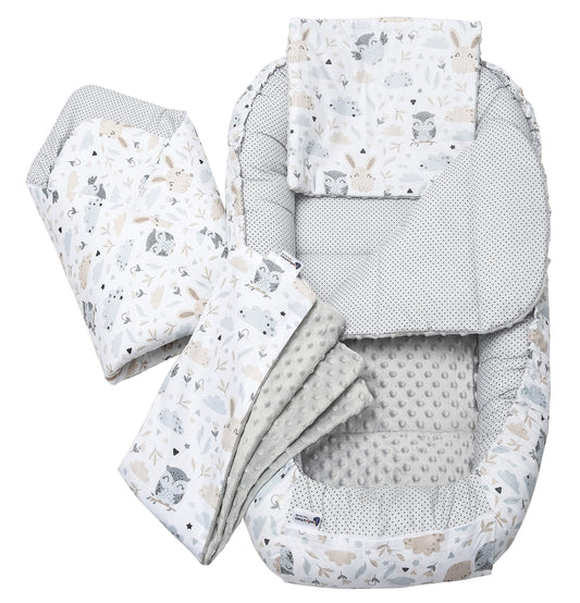 Medi Partners Babynestchen Babynest Set 100x60x15 Kuschelnest 5 teilig herausnehmbarer Einsatz Kokon Nestchen Babys Neugeborene 100% Baumwolle (REH mit Grauem Minky) - Meloni2