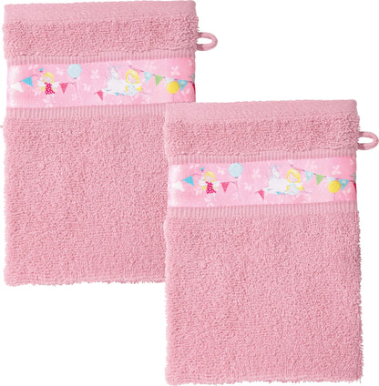 Erwin Müller Kinder-Waschhandschuh, Waschlappen, Frottier 2er-Pack rosa Größe 16x21 cm - angenehm weich, saugstark, langlebig, mit Webbordüre, Stickerei Elfen