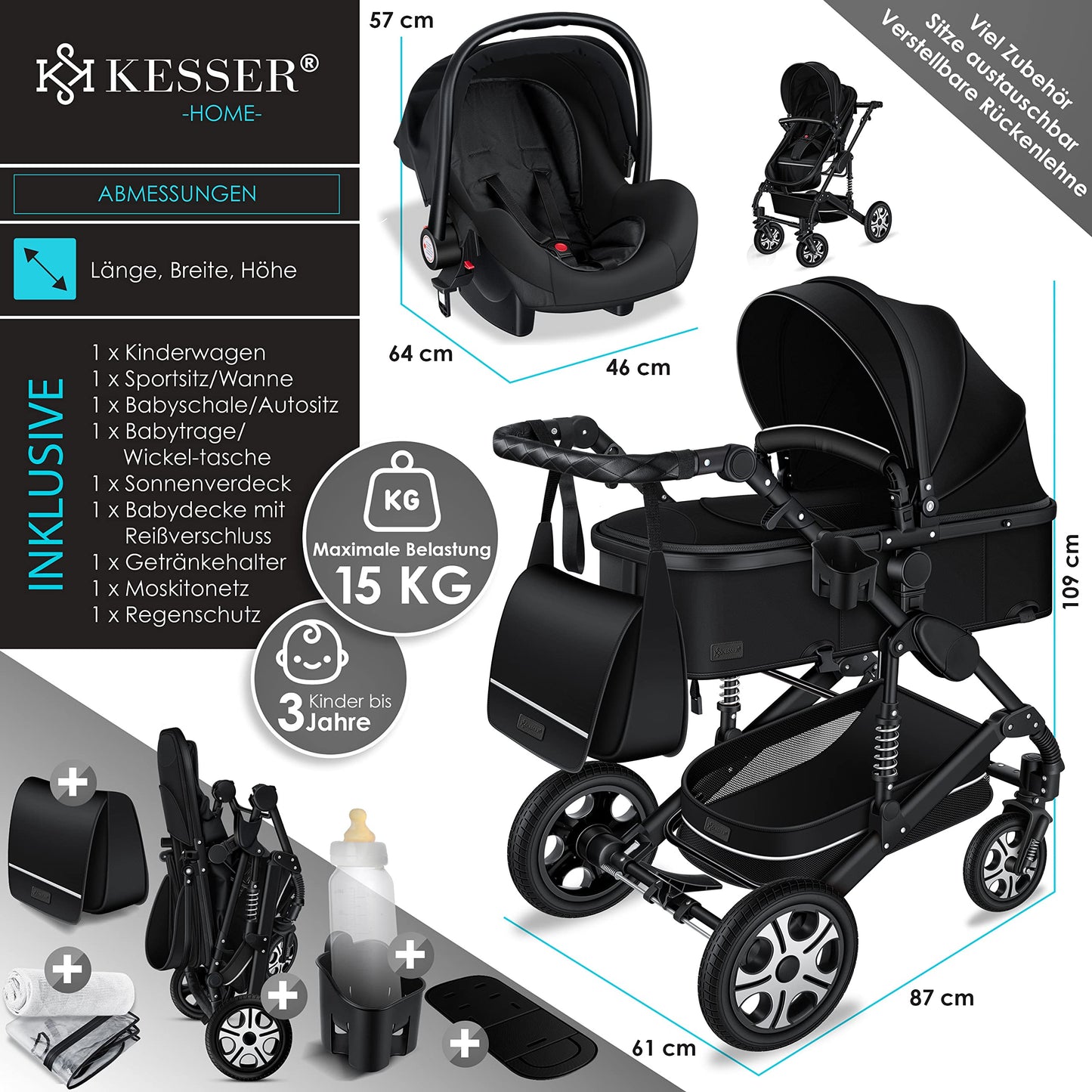 KESSER® Loops 3 in 1 Stroller Combi Stroller Complete Set including Carrycot &amp; Buggy Sports Seat &amp; Car Seat Solid Rubber Tires Changing Bag Rain Cover Children's Table ECE R129, Black/Champagne 