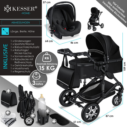 KESSER® Loops 3 in 1 Stroller Combi Stroller Complete Set including Carrycot &amp; Buggy Sports Seat &amp; Car Seat Solid Rubber Tires Changing Bag Rain Cover Children's Table ECE R129, Black/Champagne 