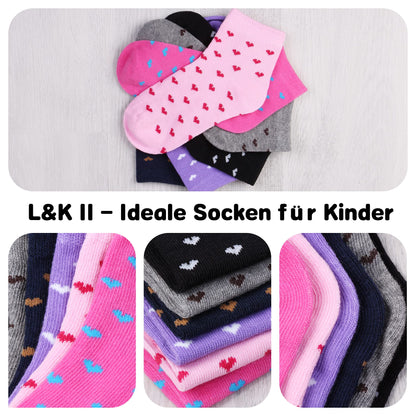 L&K-II 10/12 Paar Kinder Mädchen Socken mit niedlichen Herzmustern Kids Füßlinge Sneakersocken bunt 2825