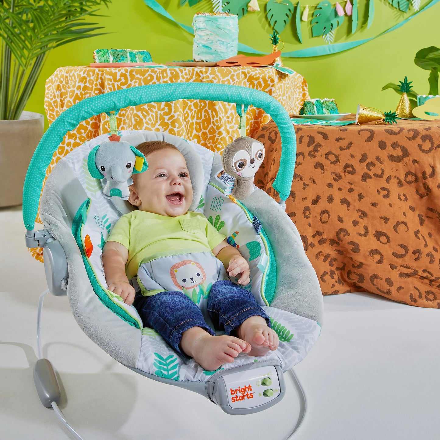 Bright Starts, Babywippe Babyschaukel mit beruhigenden Vibrationen, Babysitz, Musik, abnehmbarer Spielbügel, 0-6 Monate, bis zu 20 lbs (Whimsical Wild)