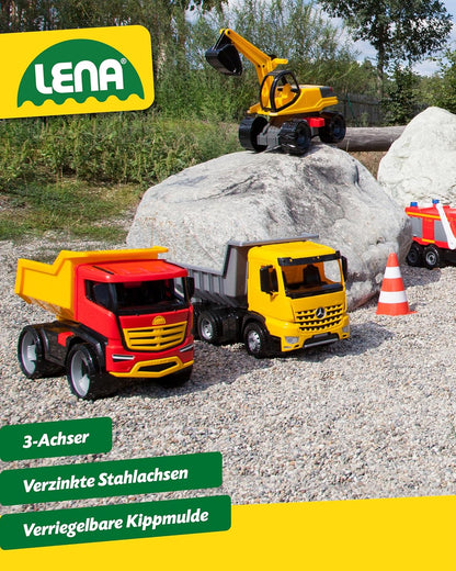 Lena 02031 - Strong Giant Dump Truck Mercedes Benz Actros, Dump Truck Approx. 63 cm, Large Dump Truck with 3 Axles and Lockable Dump Body, Robust Construction Site Toy Vehicle for Children from 3