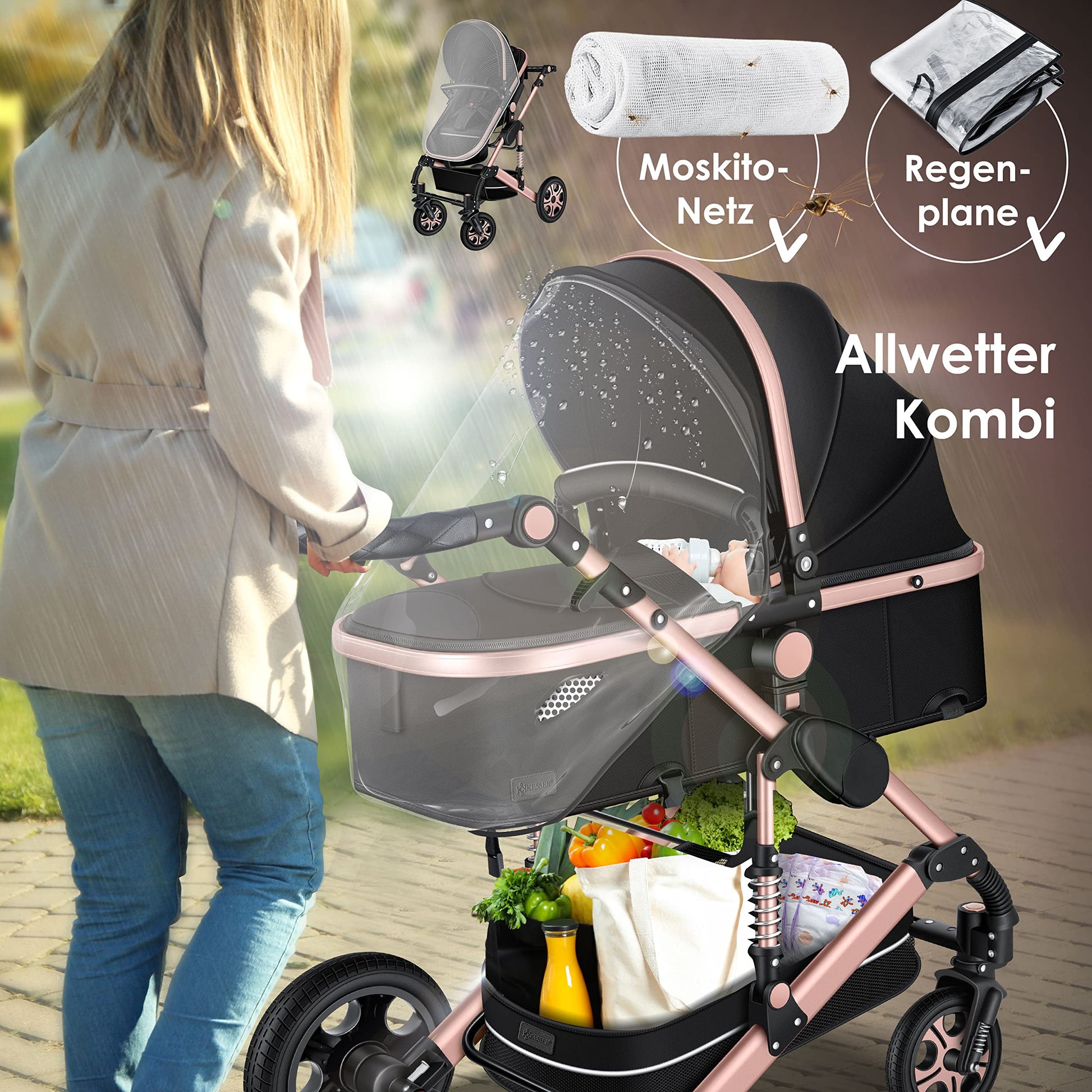 KESSER® Loops 3 in 1 Kinderwagen Kombikinderwagen Komplett-Set inkl. Babywanne & Buggy Sportsitz & Auto-Babyschale Voll-Gummireifen Wickeltasche Regenschutz Kindertisch ECE R129, Schwarz/Champagne - Meloni2