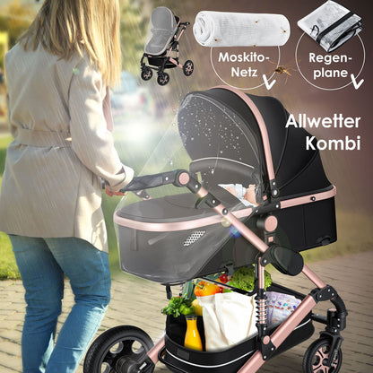 KESSER® Loops 3 in 1 Kinderwagen Kombikinderwagen Komplett-Set inkl. Babywanne & Buggy Sportsitz & Auto-Babyschale Voll-Gummireifen Wickeltasche Regenschutz Kindertisch ECE R129, Schwarz/Champagne - Meloni2