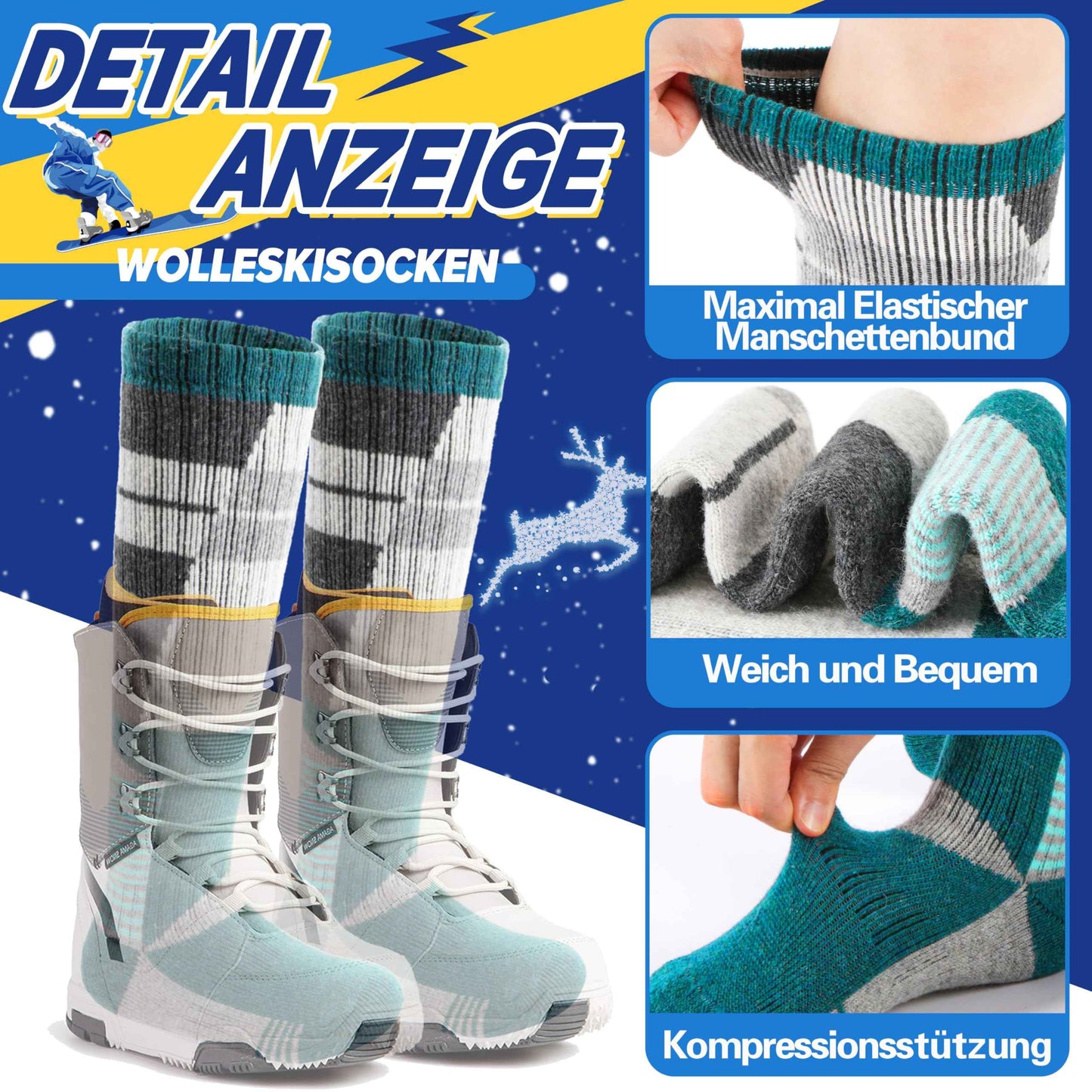 ANTSANG Kinder Merino Woll Skisocken Jungen Mädchen Thermisch Dick Warm Winter Gemütlich Kniehohe Socken zum Skifahren Snowboarden 3 Paar