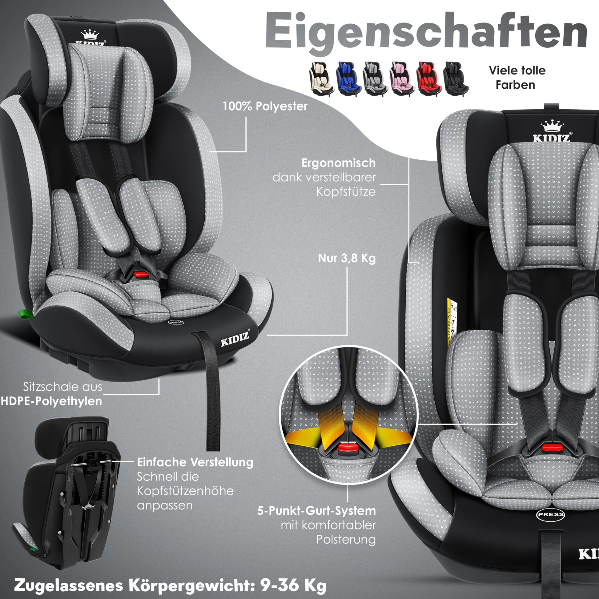 KIDIZ® Autokindersitz Triangle Premium Kindersitz Kinderautositz | Autositz Sitzschale | 9 kg - 36 kg 1-12 Jahre | Gruppe 1/2/3 | universal | zugelassen nach ECE R129/03 | mit Isofix - Meloni2