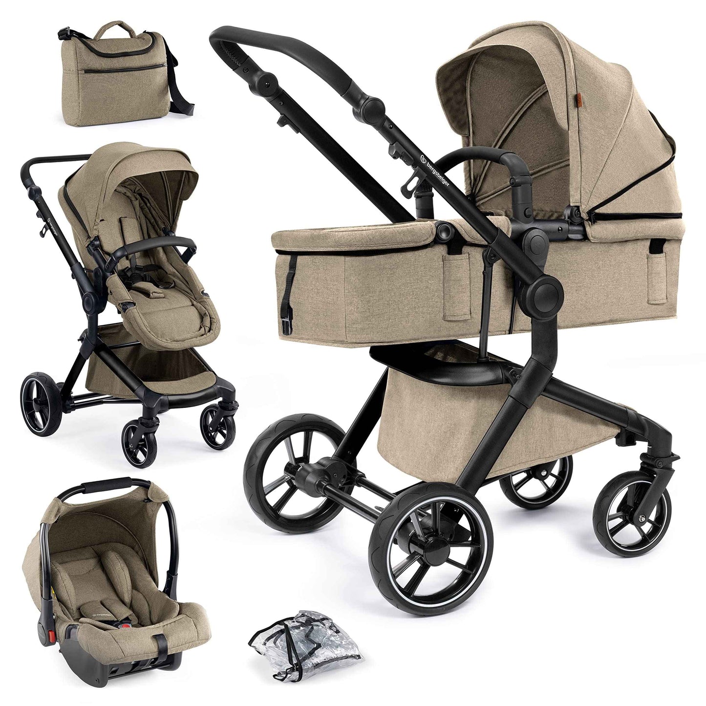 Bergsteiger Lugo 3-in-1 Pushchair Complete Set Including Accessories - Baby Seat, Buggy Attachment, Sun Protection & Weather Footmuff | Isofix Station Available
