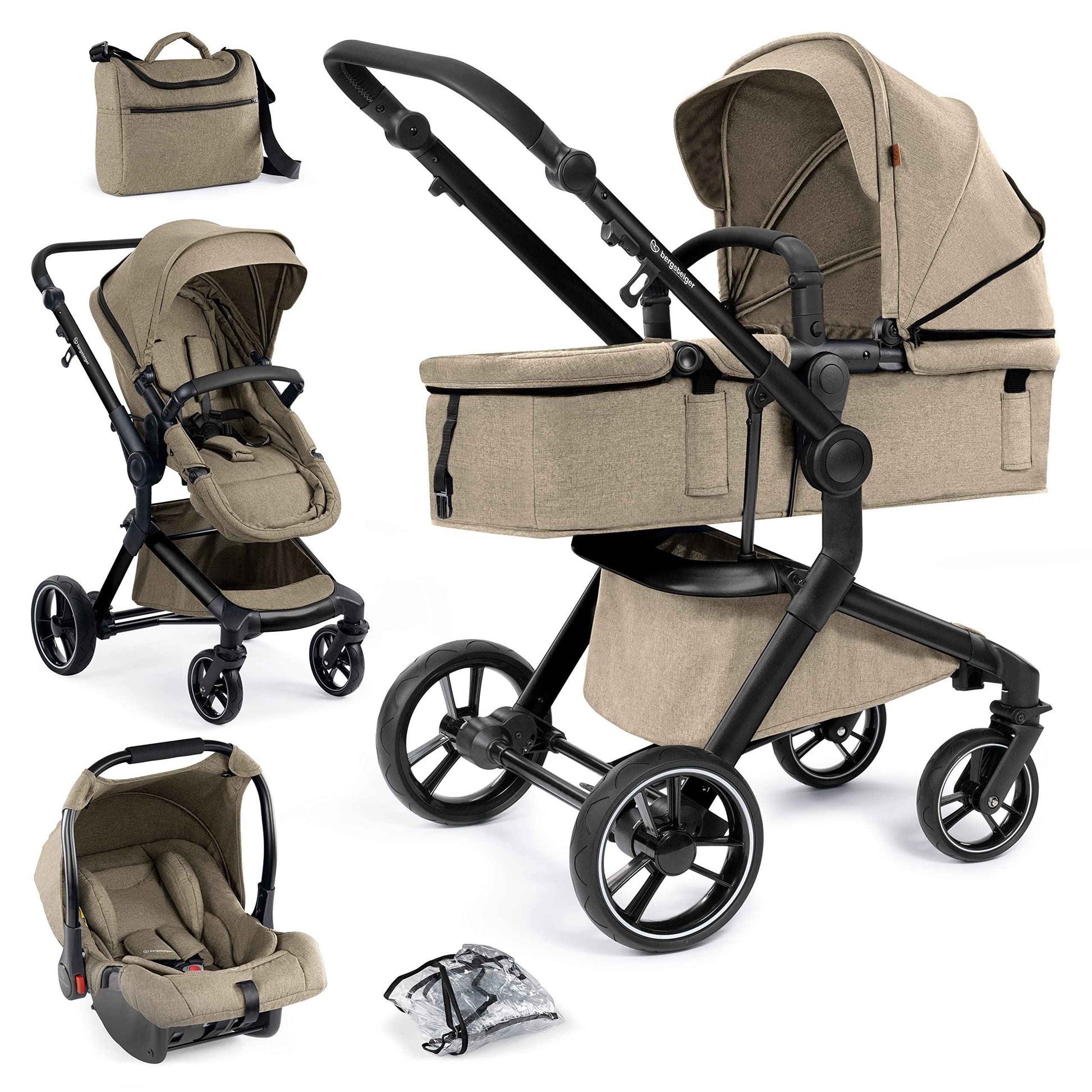 Bergsteiger Lugo 3-in-1 Pushchair Complete Set Including Accessories - Baby Seat, Buggy Attachment, Sun Protection & Weather Footmuff | Isofix Station Available