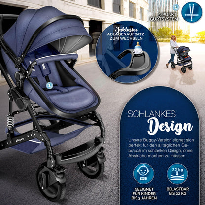 KIDUKU® 3 in 1 Kinderwagen Komplettset | Kombikinderwagen Set inkl. Babywanne & Buggy Sportsitz & Auto-Babyschale Fußsack | Vollgummireifen Wickeltasche Handwärmer Regenschutz Kindertisch ECE R129