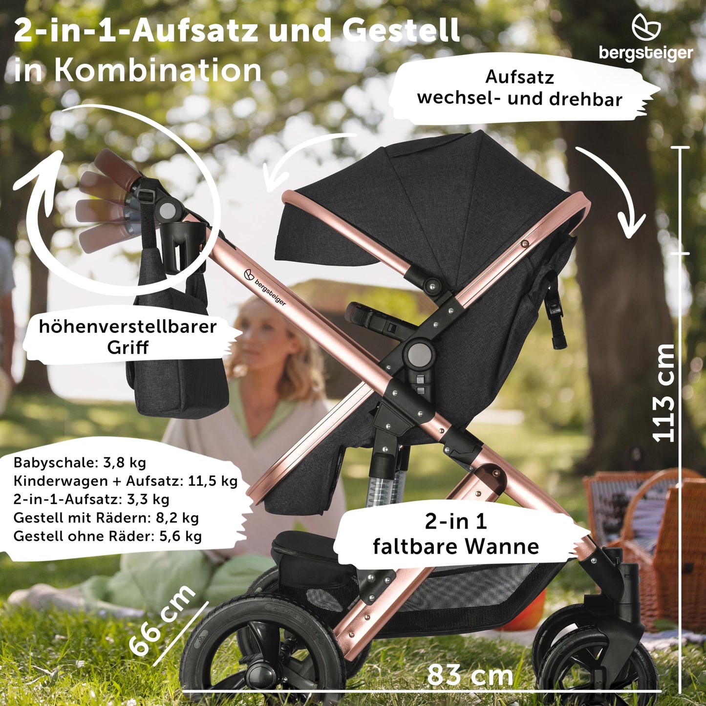 Bergsteiger Nizza 3 in 1 Kinderwagen, Kombikinderwagen Komplettset, Auto-Babyschale & Isofix Station, Babywanne & Buggy Sportsitz inklusive
