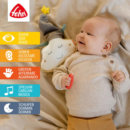 Fehn Spieluhr Baby Einschlafhilfe Schaf - Kuscheltier mit sanfter Einschlafhilfe Melodie "Guten Abend, gut´ Nacht" - Babyspielzeug für Unterwegs und Zuhause - Musikspielzeug für Babys und Kleinkinder