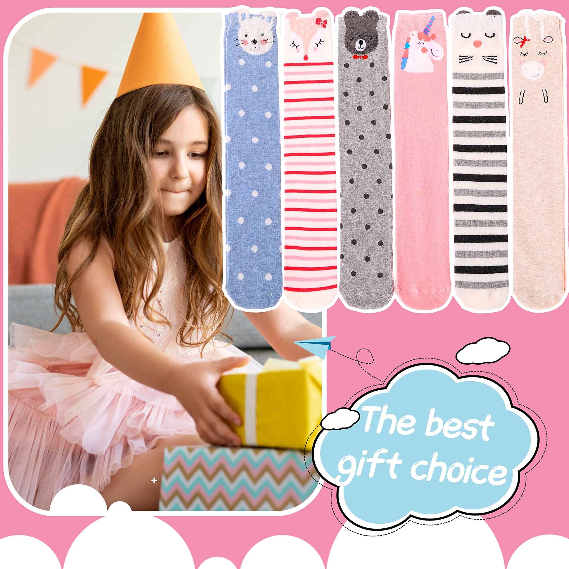 ANTSANG Girls' Knee Socks 6 Pairs for Children Gifts Long Funny Children's Socks Animal Cotton Socks 3-12 Years