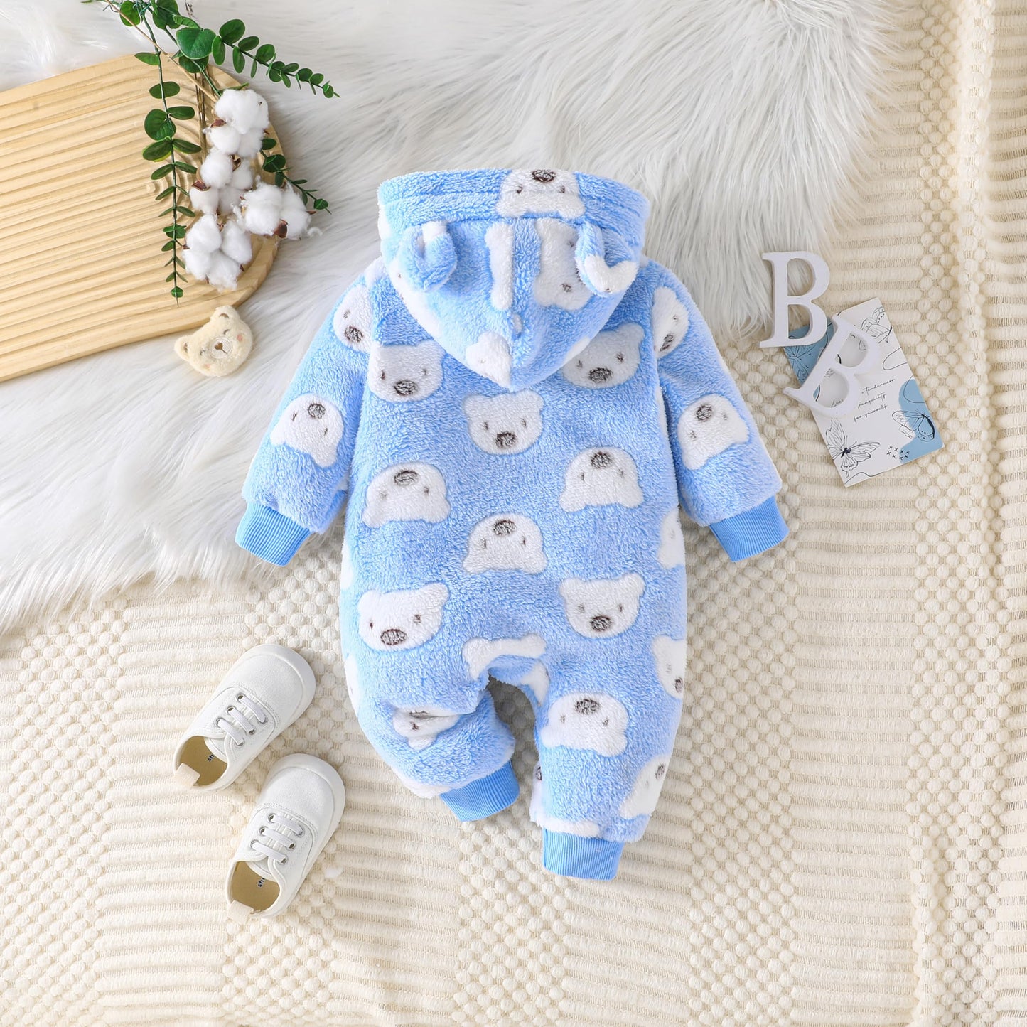 Yanmucy Newborn Baby Winter Romper with Hood Cartoon Bear Baby Snowsuit Warm Fleece Zip Baby Girl Boy Jumpsuit 0-18 Months