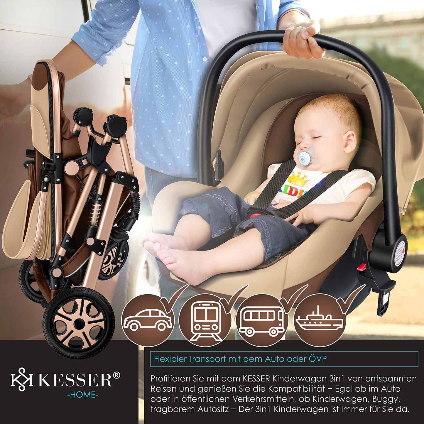KESSER® Loops 3 in 1 Kinderwagen Kombikinderwagen Komplett-Set inkl. Babywanne & Buggy Sportsitz & Auto-Babyschale Voll-Gummireifen Wickeltasche Regenschutz Kindertisch ECE R129, Schwarz/Champagne - Meloni2