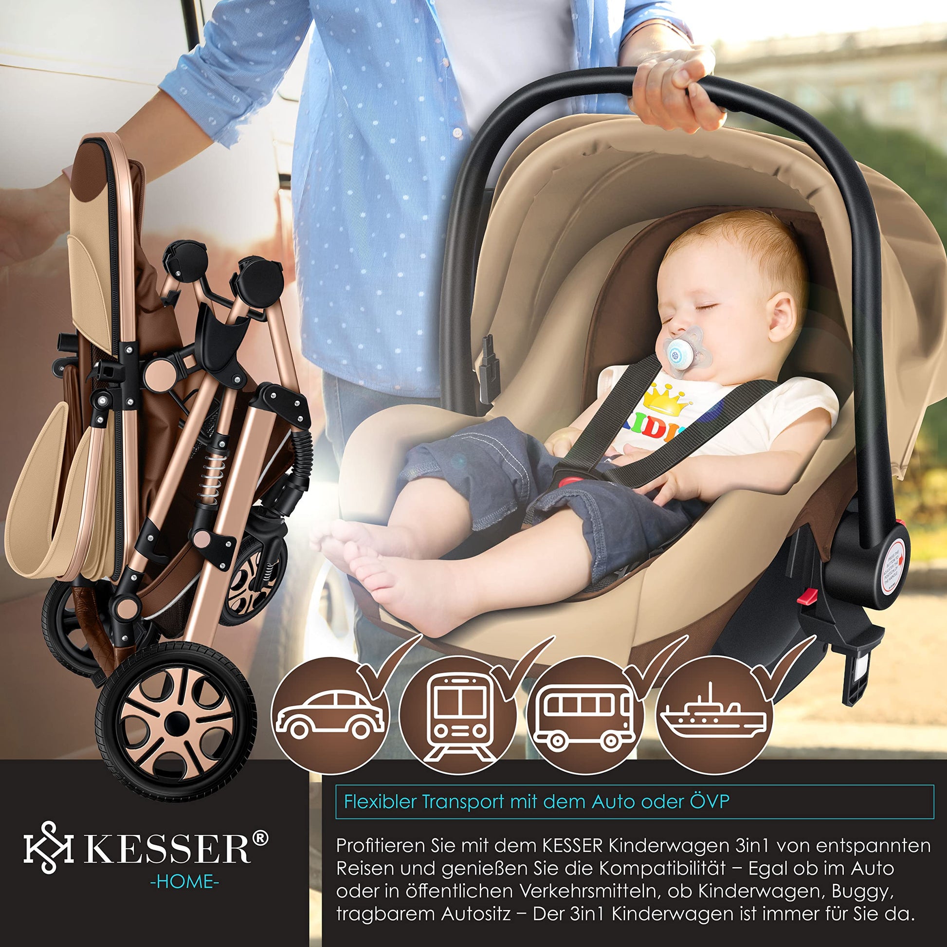 KESSER® Loops 3 in 1 Kinderwagen Kombikinderwagen Komplett-Set inkl. Babywanne & Buggy Sportsitz & Auto-Babyschale Voll-Gummireifen Wickeltasche Regenschutz Kindertisch ECE R129, Schwarz/Champagne - Meloni2