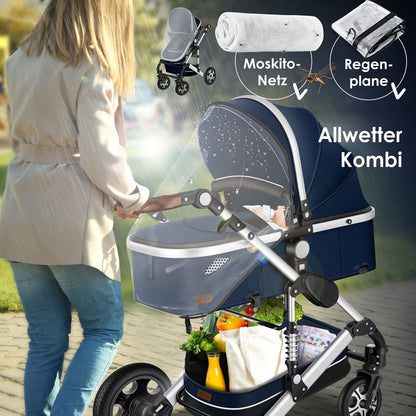 KESSER® Loops 3 in 1 Stroller Combi Stroller Complete Set including Carrycot &amp; Buggy Sports Seat &amp; Car Seat Solid Rubber Tires Changing Bag Rain Cover Children's Table ECE R129, Black/Champagne 