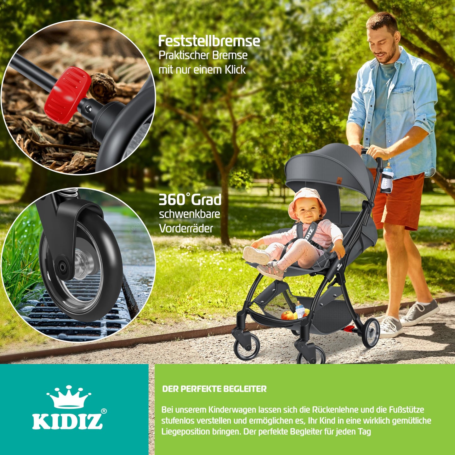 KIDIZ® Folding Pushchair, Sports Pram, 360° Wheels, 5-Point Harness, incl. Drinks Holder, Rain Cover, Adjustable Backrest and Sun Canopy, Red