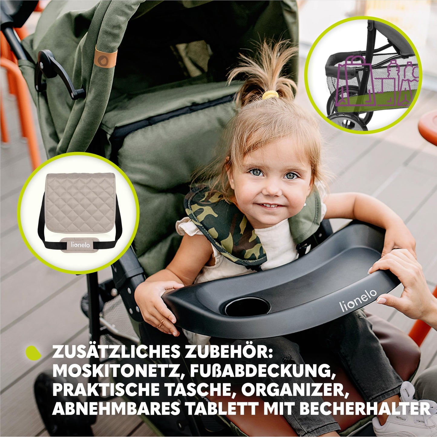 LIONELO Emma Plus Kinderwagen bis zu 15 kg, Kindersportwagen, leicht modern klein Buggy mit Liegeposition, zusammenklappbar, große Räder, großer Korb, Tasche Stone