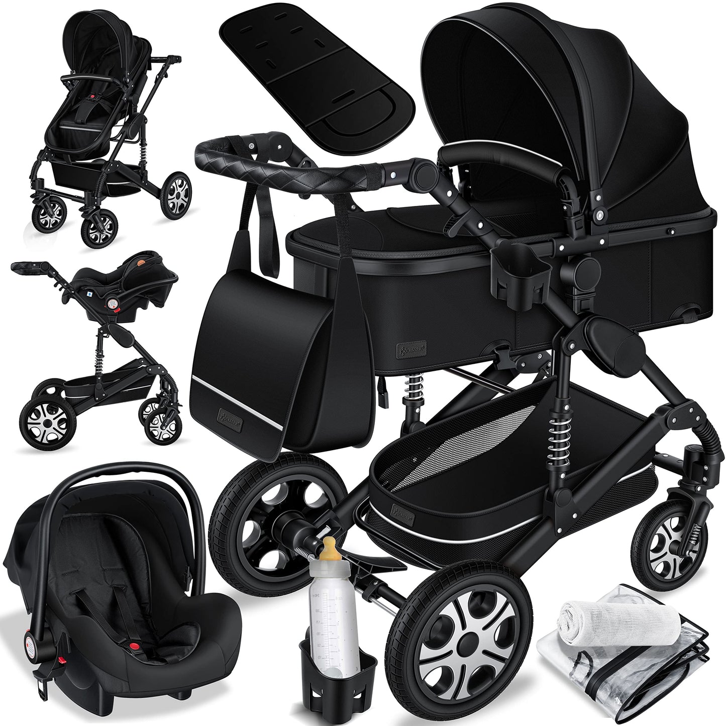 KESSER® Loops 3 in 1 Kinderwagen Kombikinderwagen Komplett-Set inkl. Babywanne & Buggy Sportsitz & Auto-Babyschale Voll-Gummireifen Wickeltasche Regenschutz Kindertisch ECE R129, Schwarz/Champagne - Meloni2
