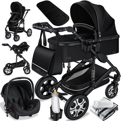 KESSER® Loops 3 in 1 Kinderwagen Kombikinderwagen Komplett-Set inkl. Babywanne & Buggy Sportsitz & Auto-Babyschale Voll-Gummireifen Wickeltasche Regenschutz Kindertisch ECE R129, Schwarz/Champagne - Meloni2