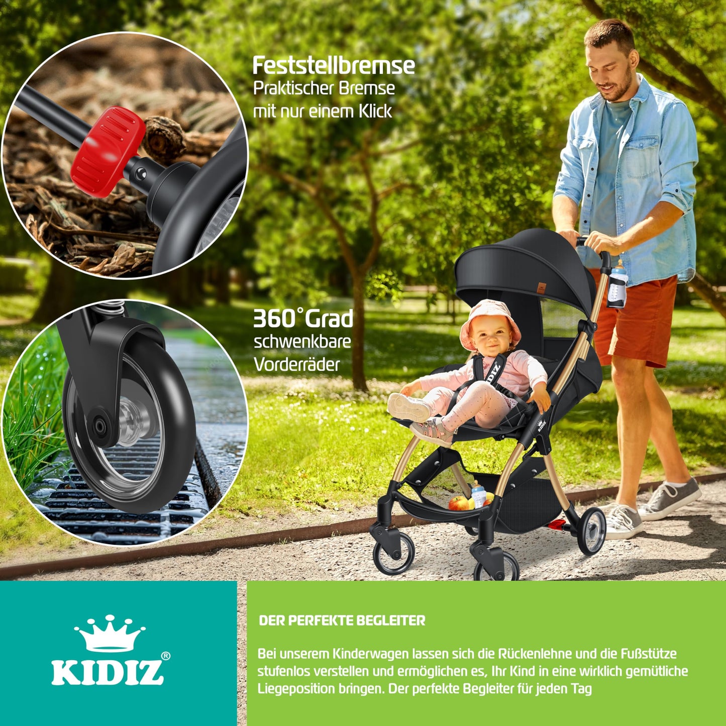 KIDIZ® Folding Pushchair, Sports Pram, 360° Wheels, 5-Point Harness, incl. Drinks Holder, Rain Cover, Adjustable Backrest and Sun Canopy, Red