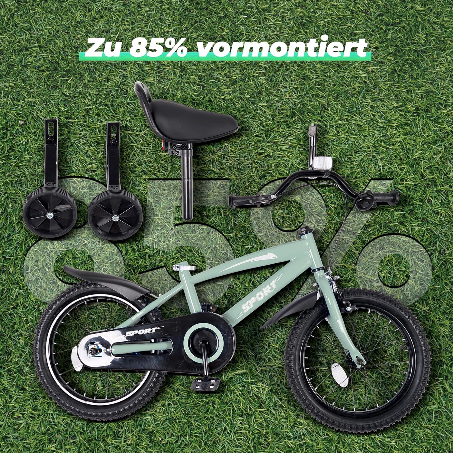 BODIOO Kinderfahrrad 12 Zoll, Fahrrad für Jungen und Mädchen mit Stützrädern, robustem Rahmen, verstellbarem Sitz, Rücktritt- und Handbremse, geeignet für Fahrer von 83 bis 96 cm (Minzgrau) - Meloni2