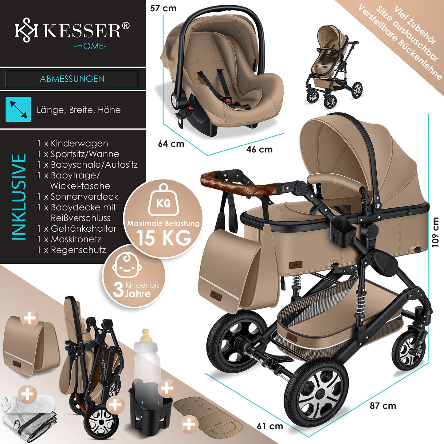KESSER® Loops 3 in 1 Kinderwagen Kombikinderwagen Komplett-Set inkl. Babywanne & Buggy Sportsitz & Auto-Babyschale Voll-Gummireifen Wickeltasche Regenschutz Kindertisch ECE R129, Schwarz/Champagne - Meloni2