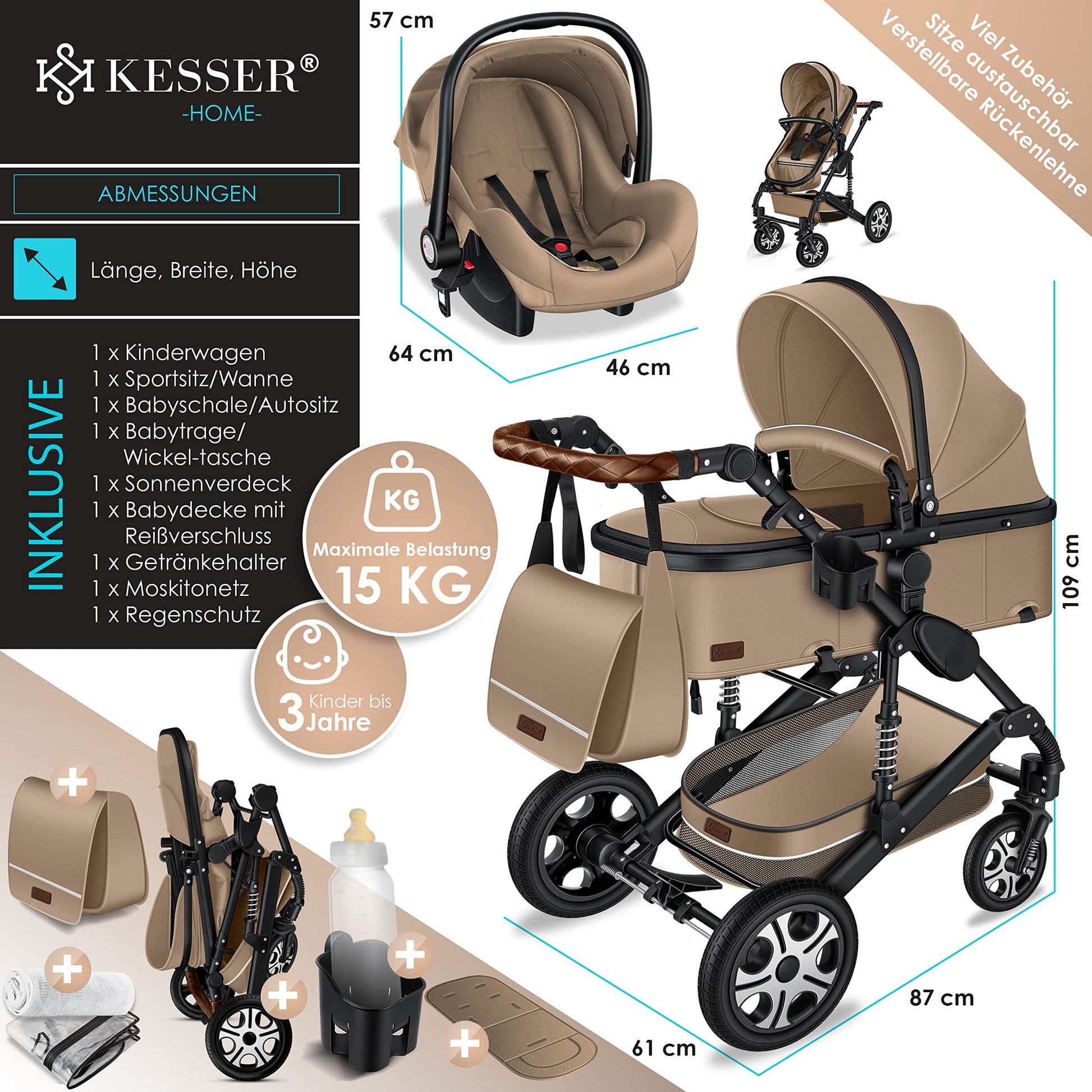 KESSER® Loops 3 in 1 Kinderwagen Kombikinderwagen Komplett-Set inkl. Babywanne & Buggy Sportsitz & Auto-Babyschale Voll-Gummireifen Wickeltasche Regenschutz Kindertisch ECE R129, Schwarz/Champagne - Meloni2