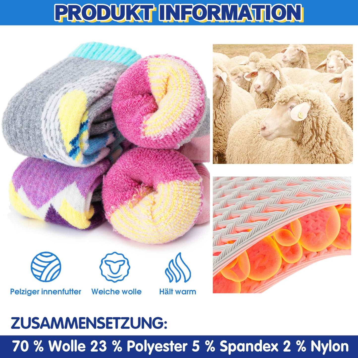 ANTSANG Kinder Merino Woll Skisocken Jungen Mädchen Thermisch Dick Warm Winter Gemütlich Kniehohe Socken zum Skifahren Snowboarden 3 Paar