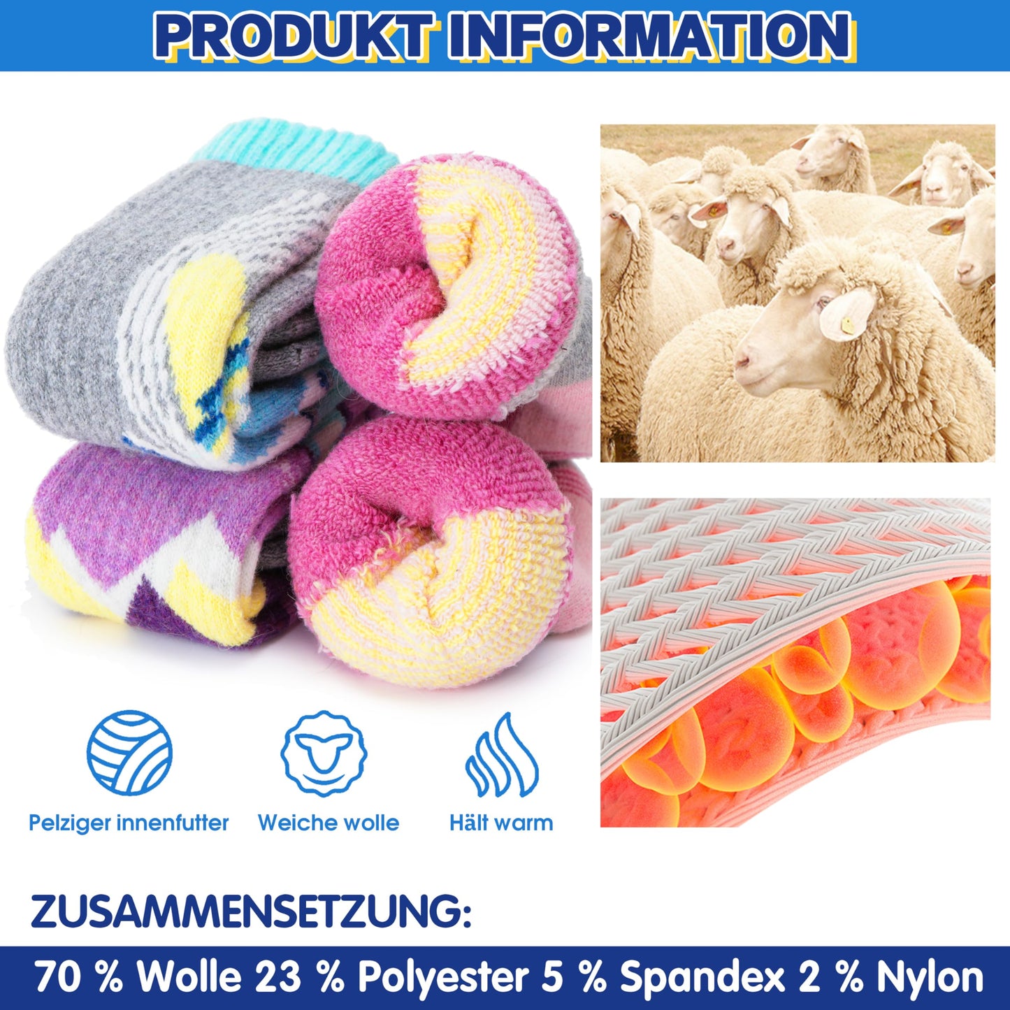Kinder Merino Wolle Ski Socken Jungen Mädchen Thermal Dicke Warme Winter Gemütliche Knie Hohe Socken für Skifahren Snowboarden 3 Paare