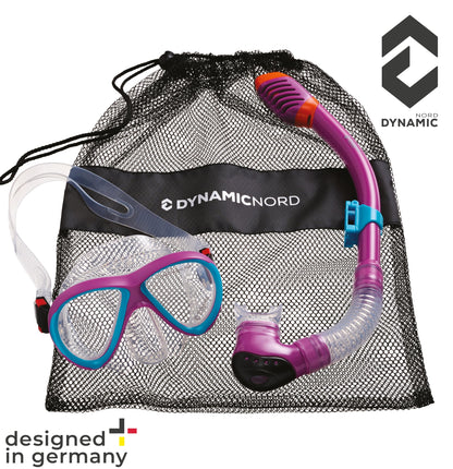 DYNAMICNORD - Kinder Schnorchelset – Designed in Germany – Profi Silikon 2er Set Tauchset Schnorchelset für Kinder (Taucherbrille, Trocken Schnorchel & Netztasche) mit Dry Schnorchel & Sicherheitsglas
