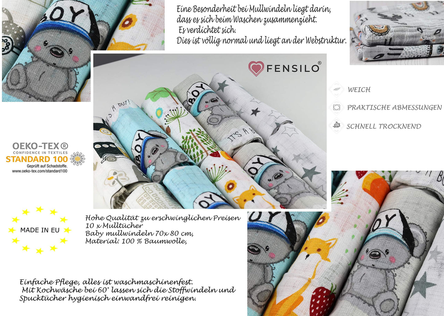 FENSILO - Mulltücher - Mullwindeln - 10er Pack 70x80 cm - Stoffwindeln, Made IN EU, schadstoffgeprüft - Spucktücher Set für Mädchen – Baby Mullwindeln- Rosa - Oeko-TEX Zertifiziert