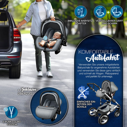 KIDUKU® 3 in 1 Kinderwagen Komplettset | Kombikinderwagen Set inkl. Babywanne & Buggy Sportsitz & Auto-Babyschale Fußsack | Vollgummireifen Wickeltasche Handwärmer Regenschutz Kindertisch ECE R129