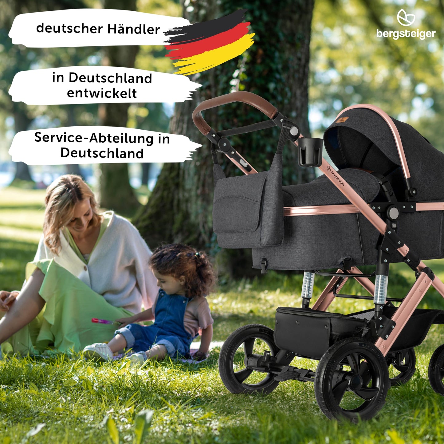 Bergsteiger Nizza 3 in 1 Kinderwagen, Kombikinderwagen Komplettset, Auto-Babyschale & Isofix Station, Babywanne & Buggy Sportsitz inklusive