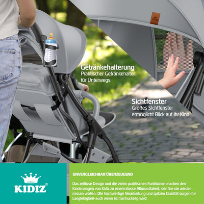 KIDIZ® Folding Pushchair, Sports Pram, 360° Wheels, 5-Point Harness, incl. Drinks Holder, Rain Cover, Adjustable Backrest and Sun Canopy, Red