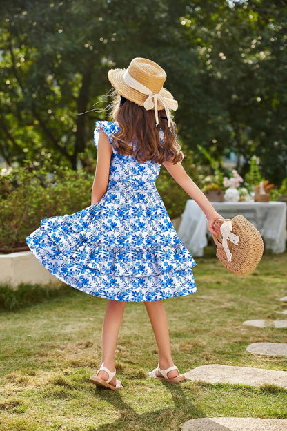 Arshiner Girls Dresses Flutter Sleeves Kids Summer Cotton Formal Dress A-Line Waist Lace-up Casual Dress Swing Dress Elegant Sleeveless Dress for Girls 5-13 Years 