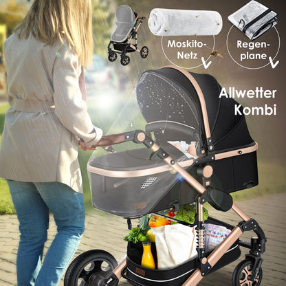 KESSER® Loops 3 in 1 Stroller Combi Stroller Complete Set including Carrycot &amp; Buggy Sports Seat &amp; Car Seat Solid Rubber Tires Changing Bag Rain Cover Children's Table ECE R129, Black/Champagne 