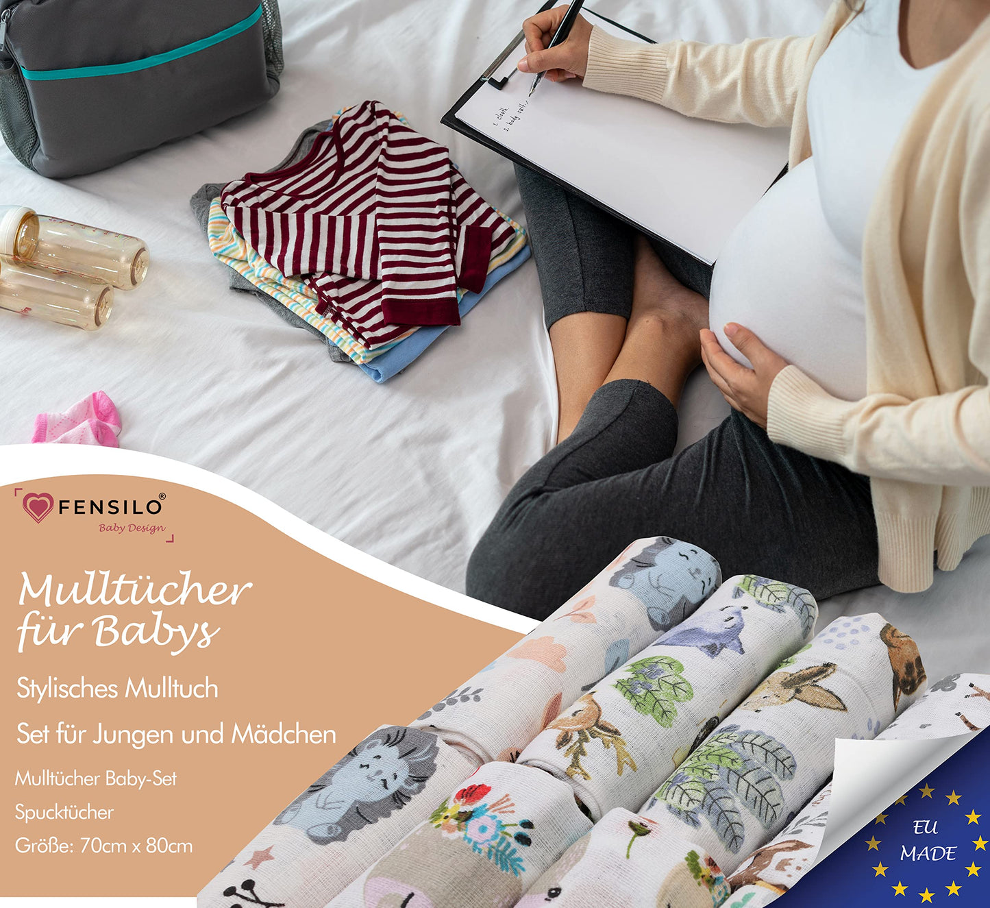 FENSILO - Mulltücher - Mullwindeln - 10er Pack 70x80 cm - Stoffwindeln, Made IN EU, schadstoffgeprüft - Spucktücher Set für Mädchen – Baby Mullwindeln- Rosa - Oeko-TEX Zertifiziert