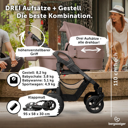 Bergsteiger Capri 3-in-1 Combination Pushchair - Baby Carrier, Sports Seat & i-Size Baby Seat, Pneumatic Tyres, Suspension, Height-Adjustable Handle, Foldable, Accessories