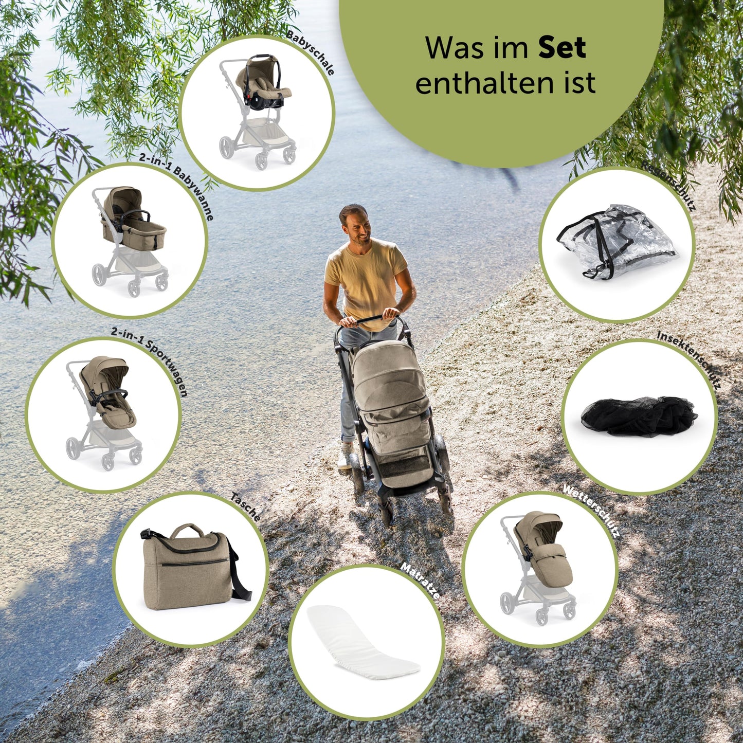 Bergsteiger Lugo 3-in-1 Pushchair Complete Set Including Accessories - Baby Seat, Buggy Attachment, Sun Protection & Weather Footmuff | Isofix Station Available