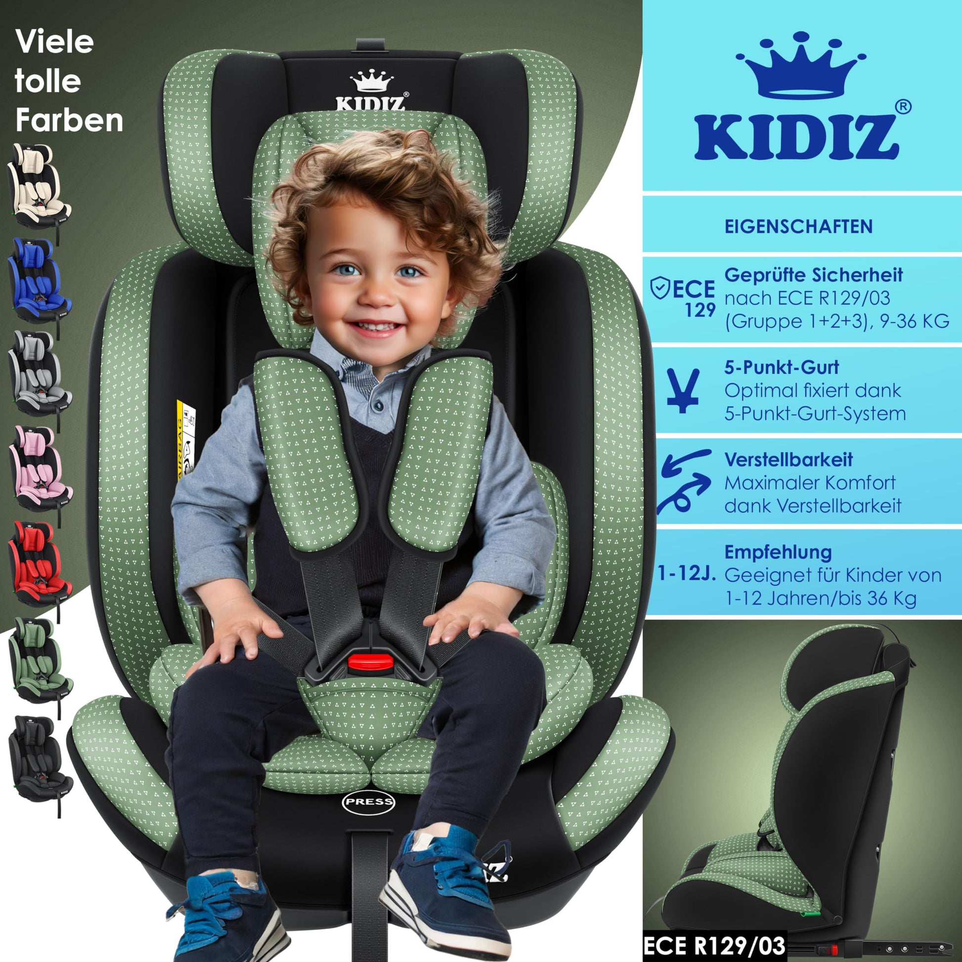 KIDIZ® Autokindersitz Triangle Premium Kindersitz Kinderautositz | Autositz Sitzschale | 9 kg - 36 kg 1-12 Jahre | Gruppe 1/2/3 | universal | zugelassen nach ECE R129/03 | mit Isofix - Meloni2