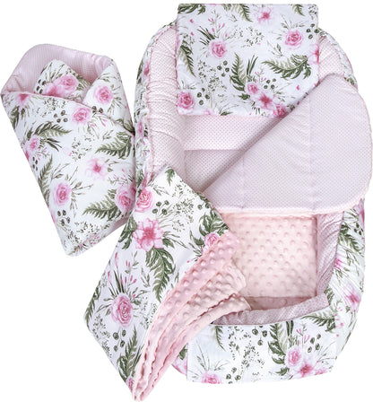 Medi Partners Babynestchen Babynest Set 100x60x15 Kuschelnest 5 teilig herausnehmbarer Einsatz Kokon Nestchen Babys Neugeborene 100% Baumwolle (REH mit Grauem Minky) - Meloni2