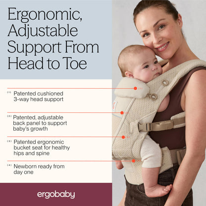 Ergobaby Adapt Babytrage für Neugeborene ab Geburt, 3-Positionen SoftFlex Mesh Ergonomische Babybauchtrage Rückentrage Baby-Tragetasche, Natural Beige, 1 Einheit